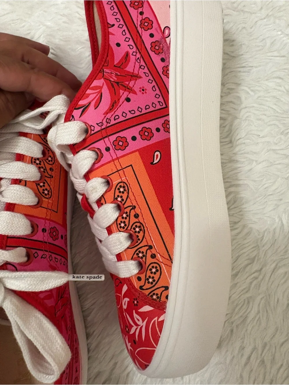 Kate Spade New York Serve Bandana Patchwork Platform Red-Pink Sneakers Size 7.5B